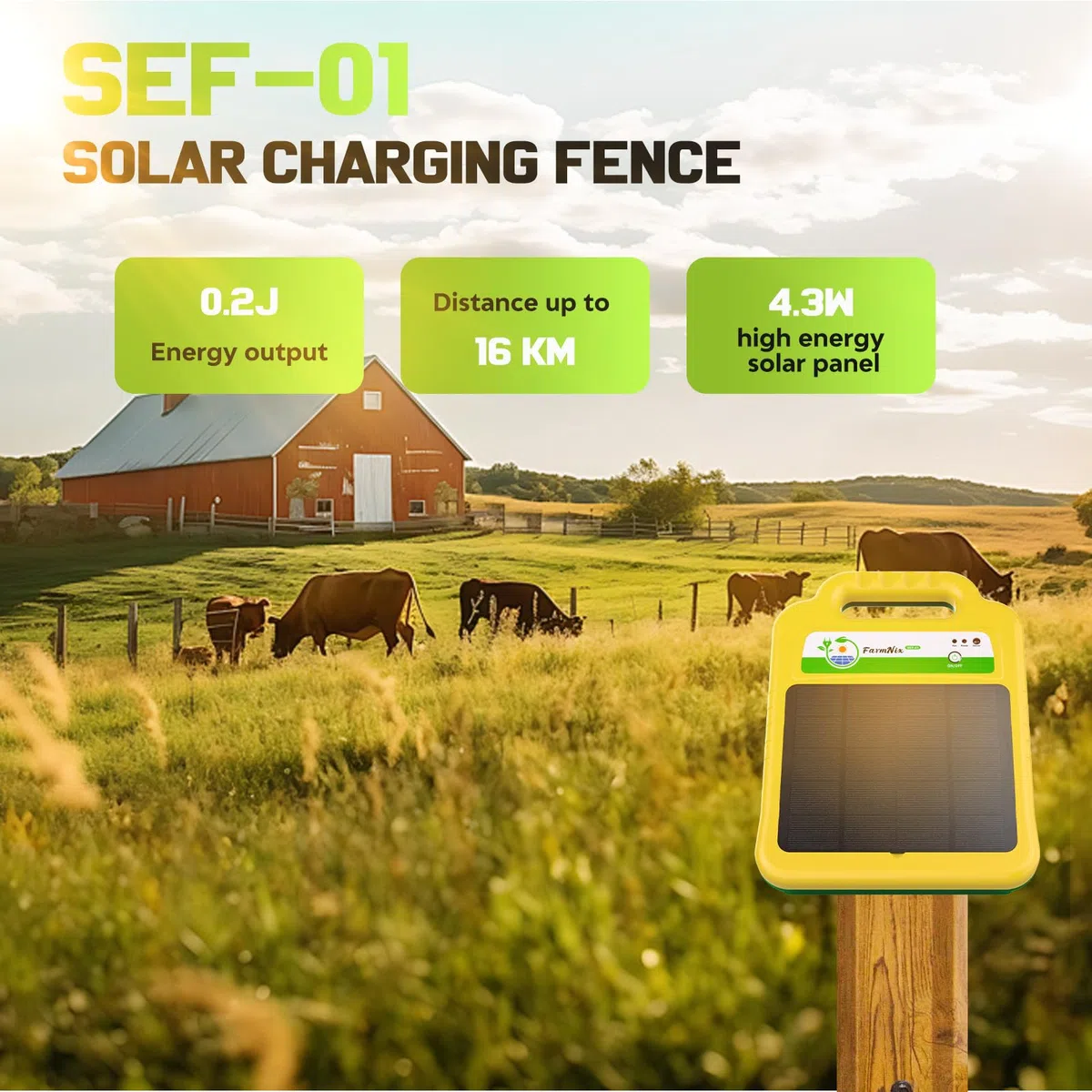 Pastor Eléctrico Solar 16KM, 0.2J/8KV Energizador de Cercas con Batería de Litio Recargable de 10400mAh y Panel Solar de 4.3W para Ganado, Caballos, Ovejas, Cerdos y Aves de Corral