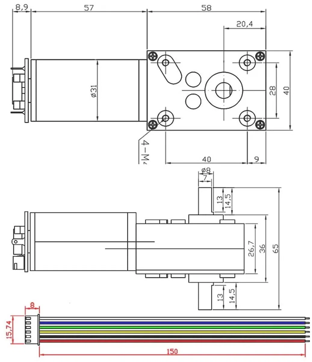 Mini motor eléctrico tubular de CC con codificador, reductor de engranajes helicoidales de ángulo recto de bajo ruido, motores reductores de doble eje de 12 V/24 V.(Only Motor,40R,24V)