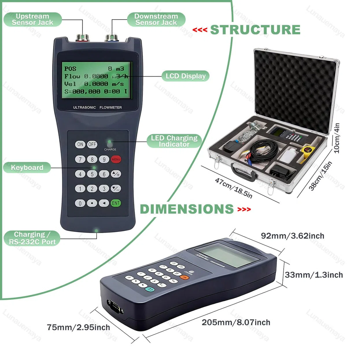 Caudalímetro Ultrasónico Portátil Multifuncional con Almacenamiento de Datos, Monitorización en Tiempo Real, Amplia Compatibilidad con Tuberías para Proyectos Industriales y Municipales S1/M2/TL1