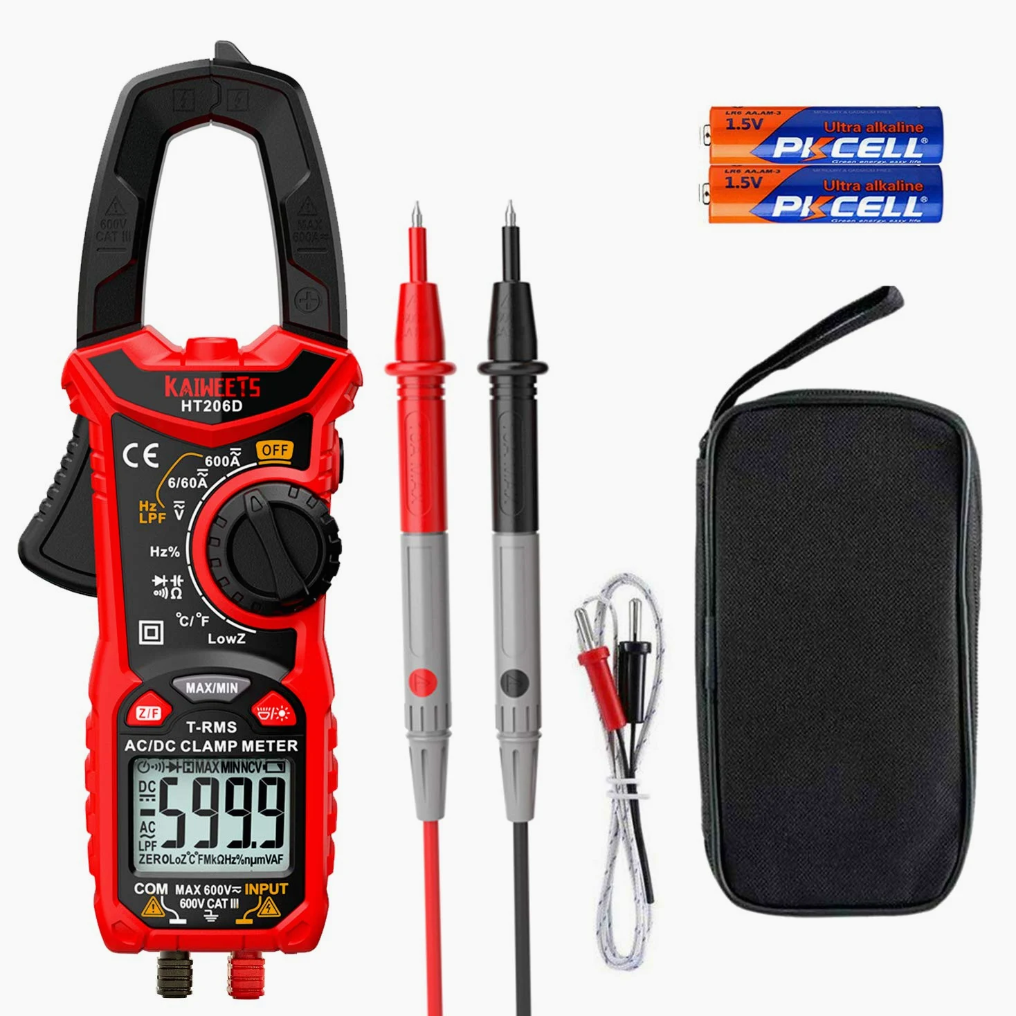 KAIWEETS HT206D Digital Pinza Amperimétrica Profesional para medir 600A CA/CC Corriente y Tensión con 6000 Cuentas, Valor Real, Autorango, NCV, Pinza de Capacitancia, Resistencia, Bateria
