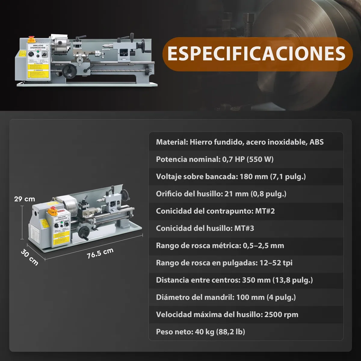 CREWORKS Torno de Metal 180X350MM 550W con Mandril de 3 Mordazas Torno para Metal de Sobremesa con Velocidad 2500 rpm Torno de Metal para Torneado de Metales