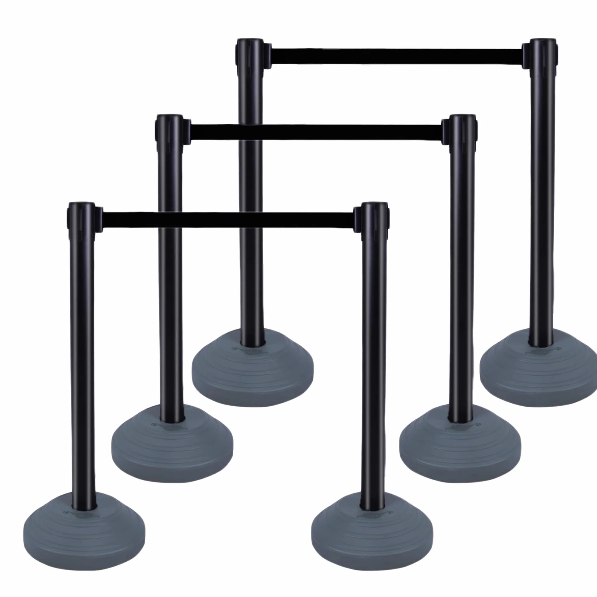 Juego de 6 postes con cinta retráctil 305 cm, barrera de seguridad para multitudes, negro con base rellenable de agua