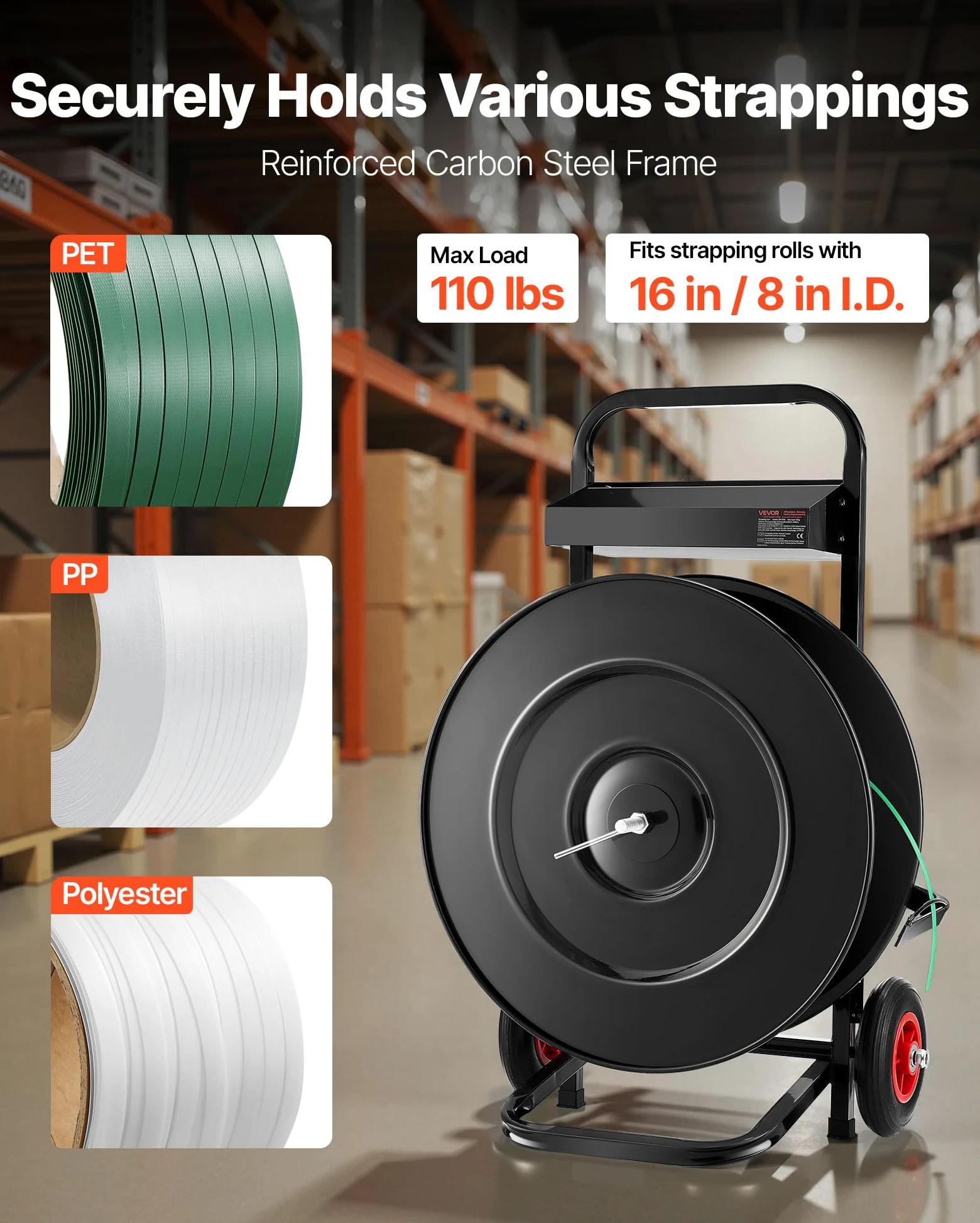 VEVOR Dispensador de Flejes, Adecuado para Rollos de Flejado de PET/PP/Poliéster con Un Tamaño de Núcleo de 203/406 mm, Acero al Carbono Q235, con Sistema de Frenado Mejorado, 410 x 670 x 1000 mm