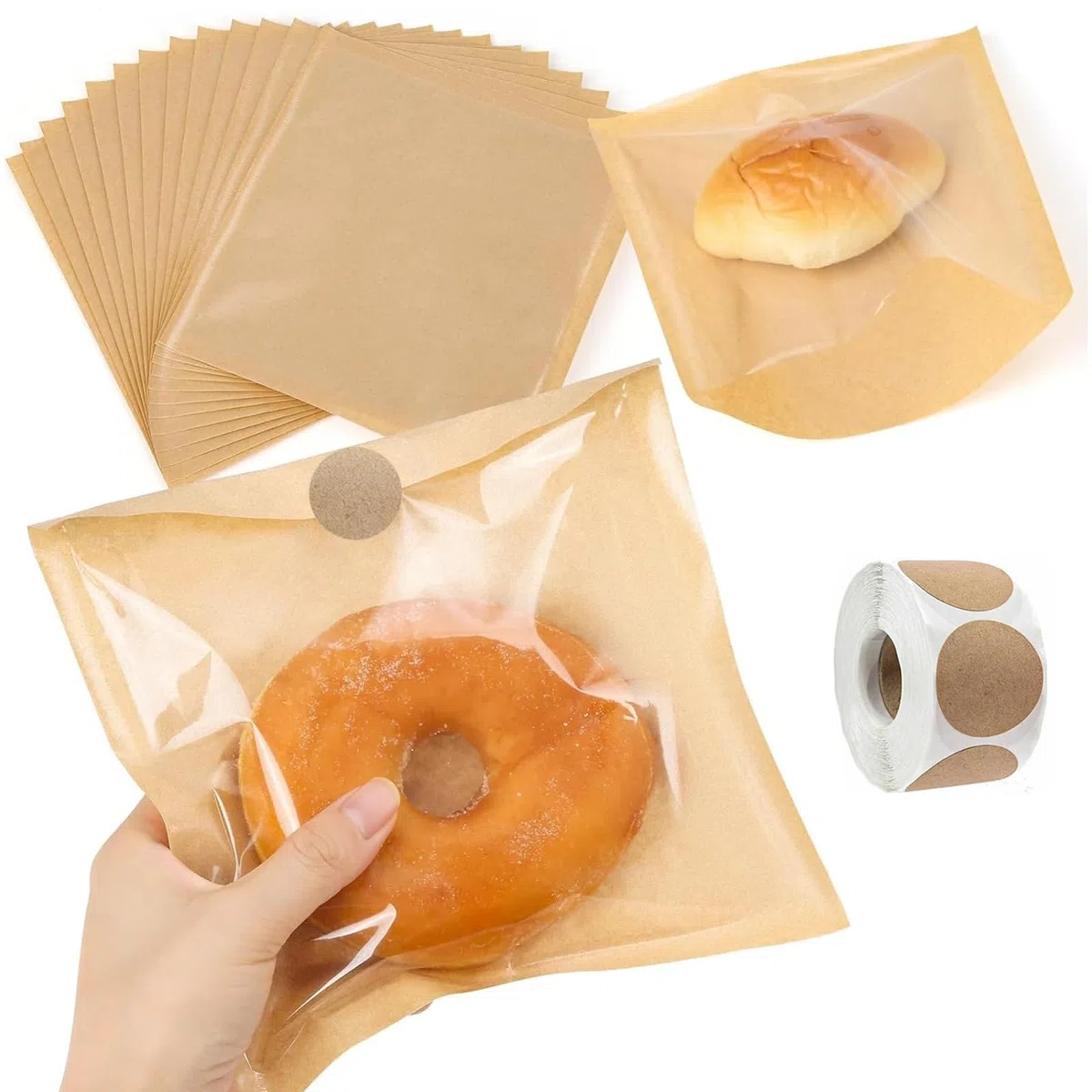 100 bolsas de repostería con cierre térmico con 500 pegatinas, bolsas transparentes para panadería con ventana, papel kraft sellado térmico a prueba de grasa, para galletas, pan, sándwich (18