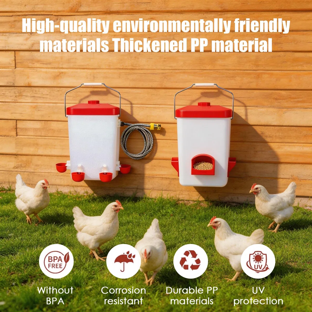 Set Comedero y Bebedero Automático para Gallinas en Blanco y Rojo, Comedero Gallinas Anti Ratas con Manguera de Riego y Kit Completo de Accesorios de Montaje