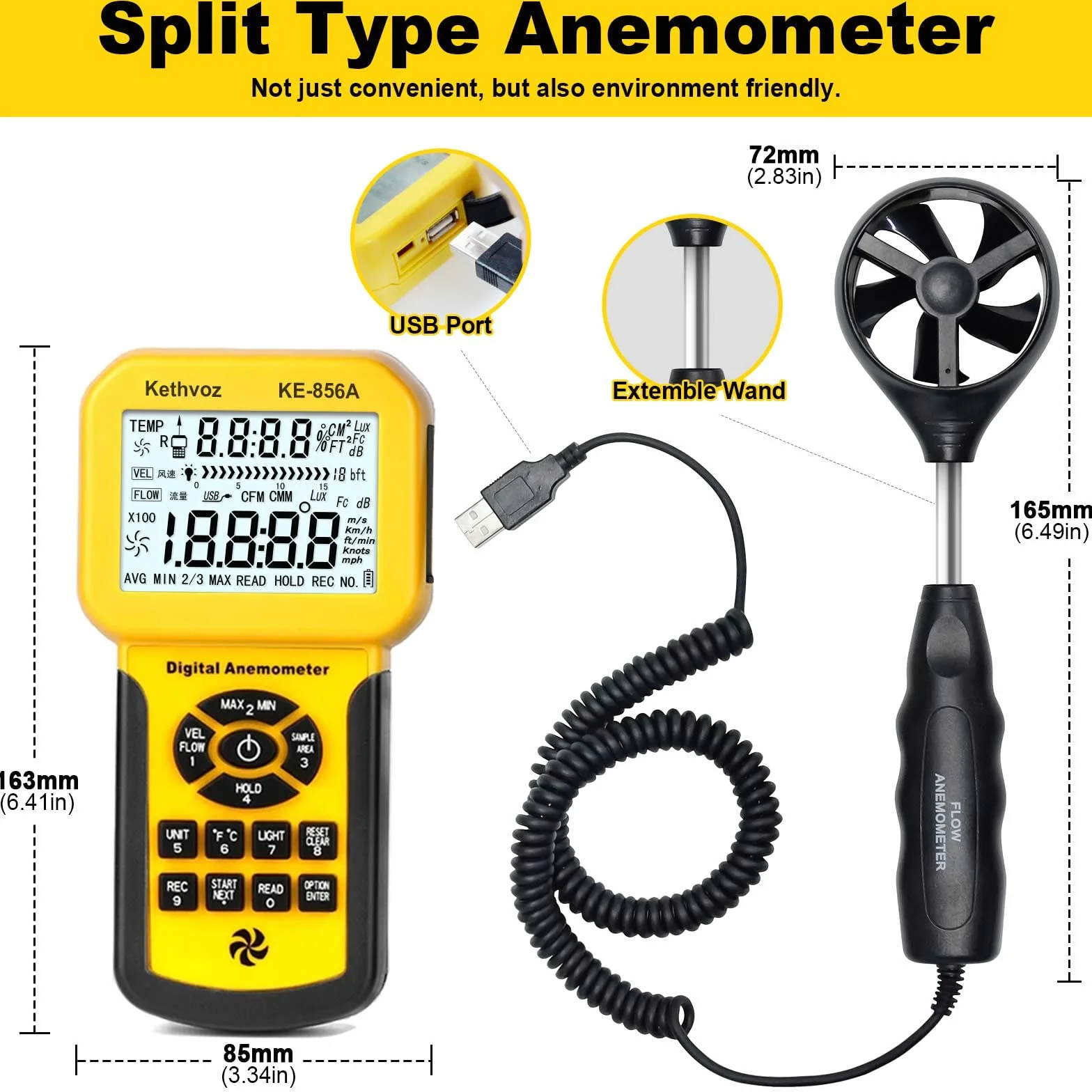 Kethvoz Anemómetro HVAC Medidor de Viento, CFM Meter Flujo Aire Velocidad Metro Industrial Anemometer Wind Speed Logger PC USB Connectable, Test Air Flow Volume Velocity Temperature
