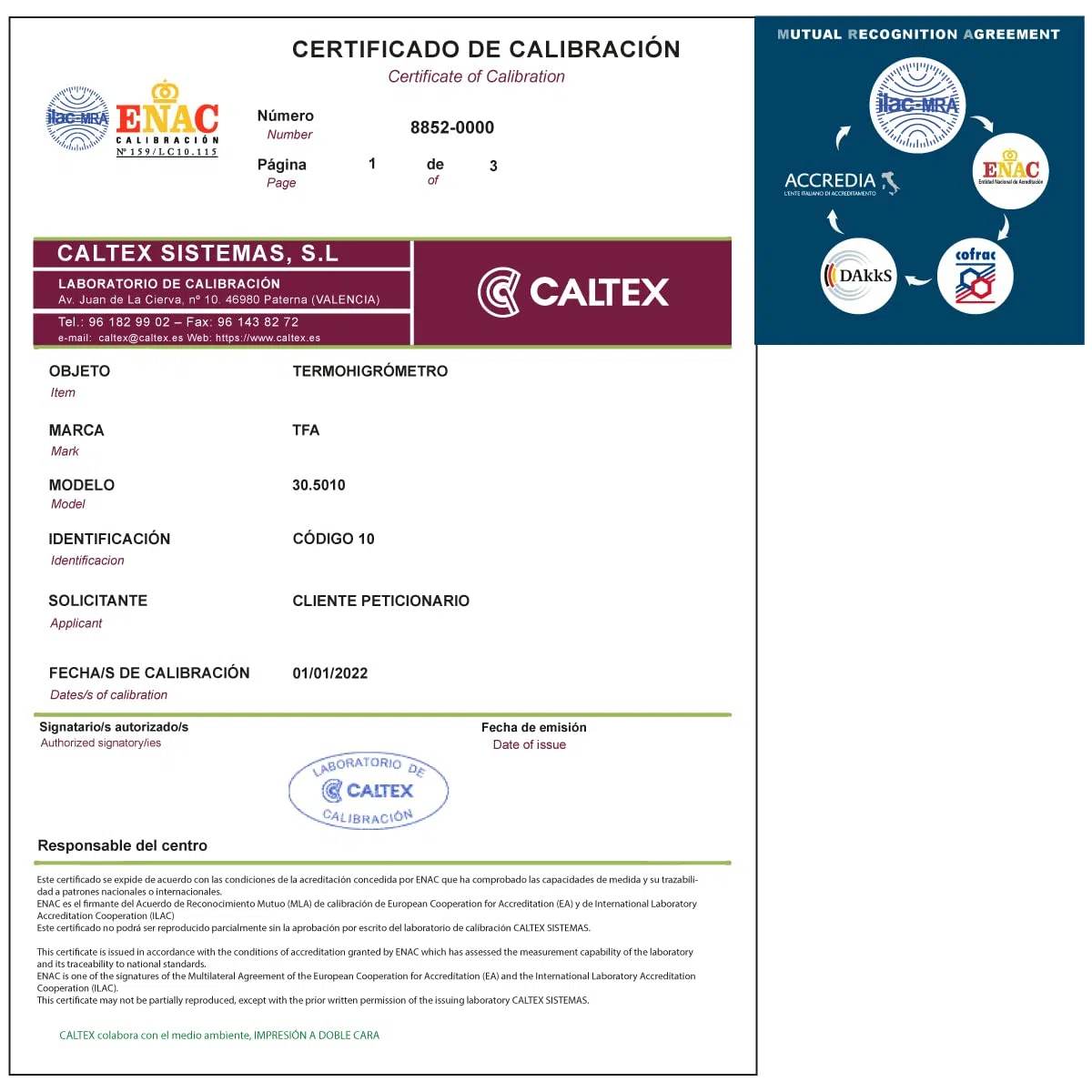 Termohigrómetro TFA 30.5010 - Termohigrómetro Calibrado ENAC - Incluye Certificado de Calibración Acreditado