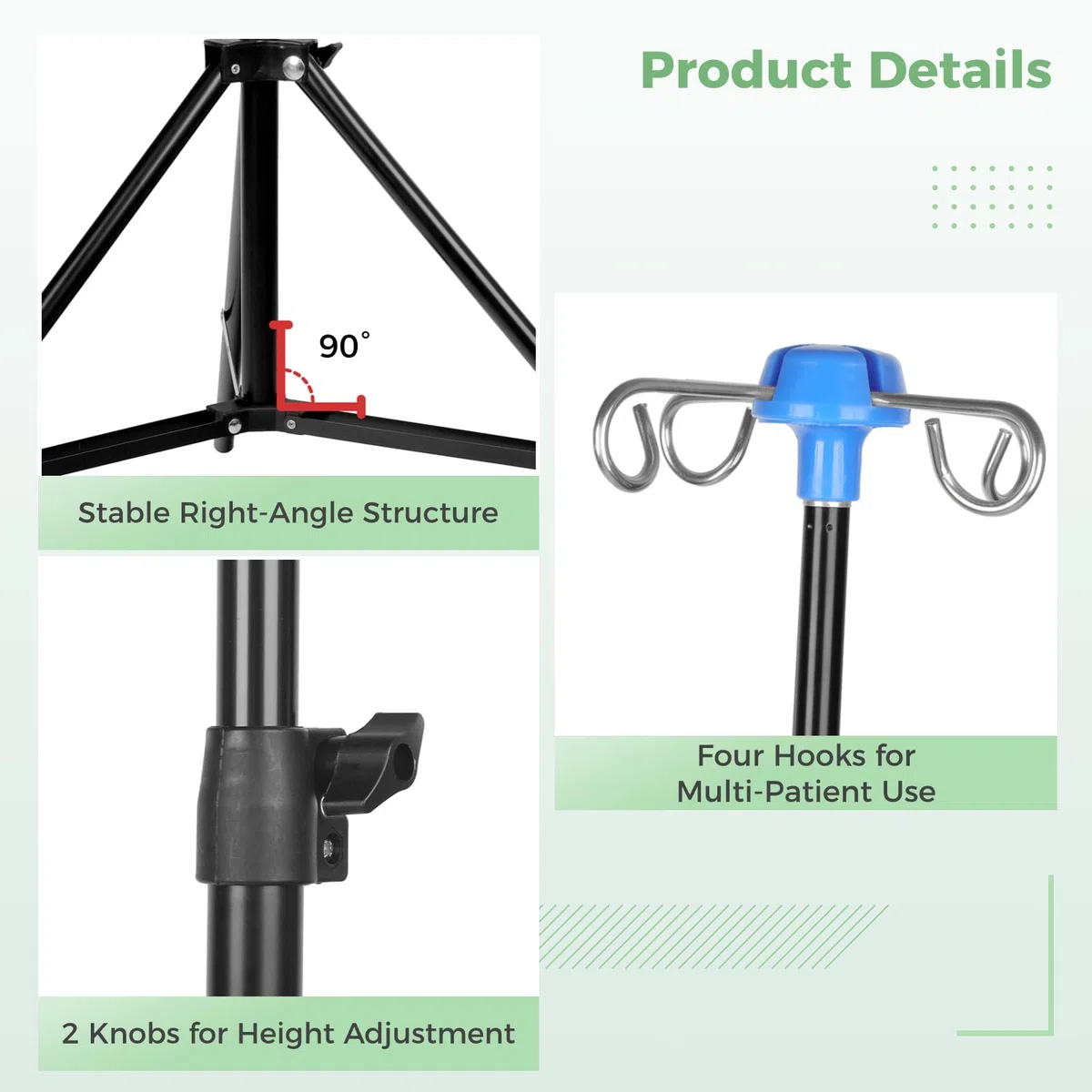 Soporte de poste IV con 4 ganchos y 3 bolsas de red, soporte retráctil para bolsa de goteo intravenosa, trípode plegable, soporte móvil portátil para botellas de goteo para cuidado del hogar