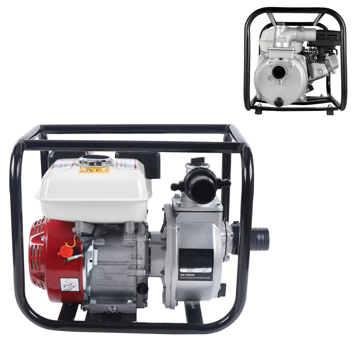 Bomba de agua de gasolina de 4 tiempos, 6,5 CV, 210 cc, bomba de agua sucia con 36 m³/h (60.000 l/h) y altura de extracción de 28 m, conexión de 2 pulgadas, profundidad de aspiración de 7 m para