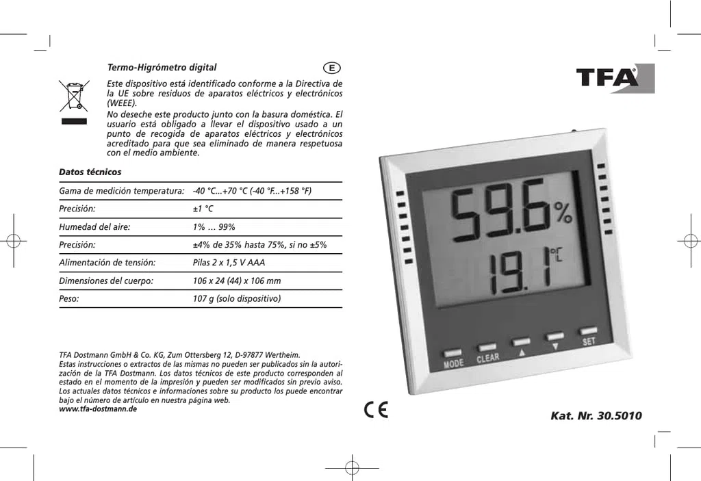 Termohigrómetro TFA 30.5010 - Termohigrómetro Calibrado ENAC - Incluye Certificado de Calibración Acreditado