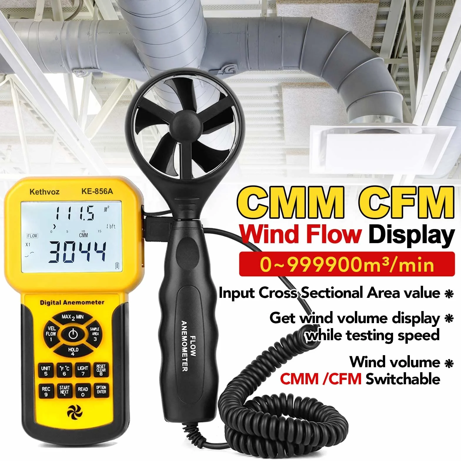 Kethvoz Anemómetro HVAC Medidor de Viento, CFM Meter Flujo Aire Velocidad Metro Industrial Anemometer Wind Speed Logger PC USB Connectable, Test Air Flow Volume Velocity Temperature