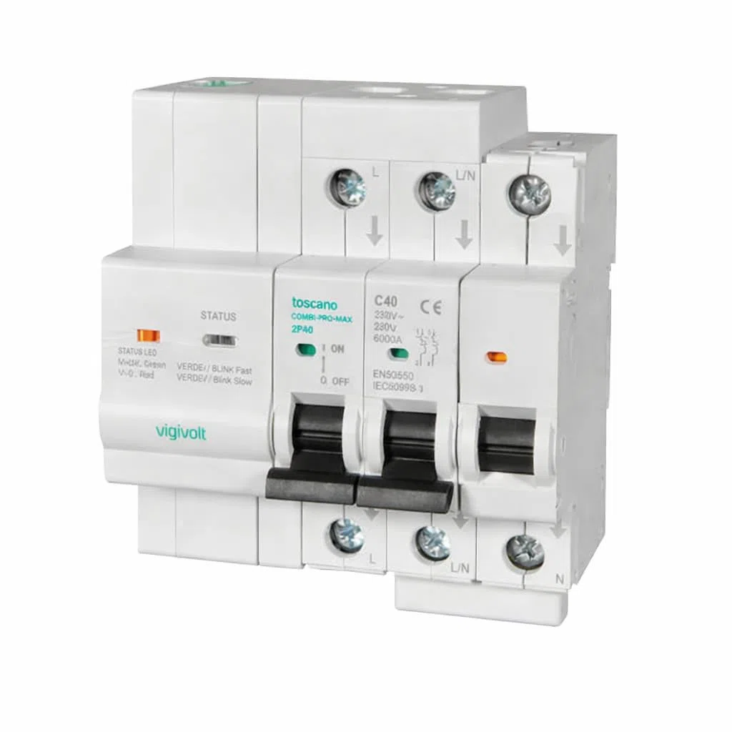 Tóscano 10004923 COMBI-PRO-MAX-2P40 | Backup y Modo Isla | Sistema de Control y Protección para Instalaciones Fotovoltaicas | IGA 2P 40A 6KA 230VAC con Protección de Sobretensiones