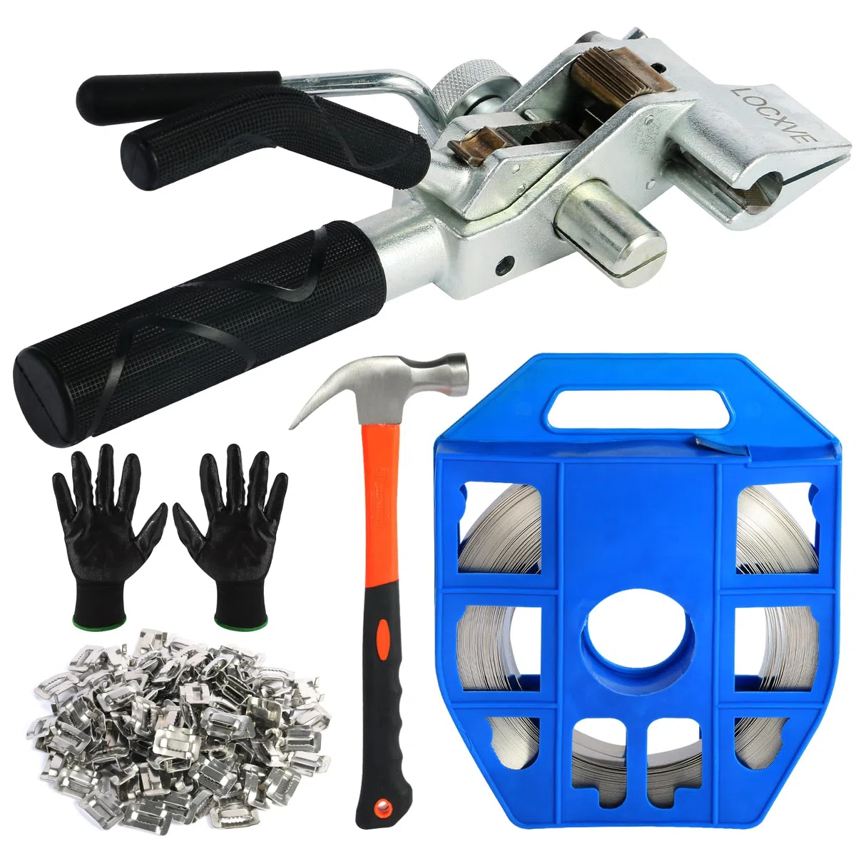 Kit de máquina de embalaje de metal de acero inoxidable 304 de 3/4 pulgadas x 100 pies, 100 hebillas de oreja, 1 tensor de flejado, 1 martillo y un par de guantes incluidos LOCXVE