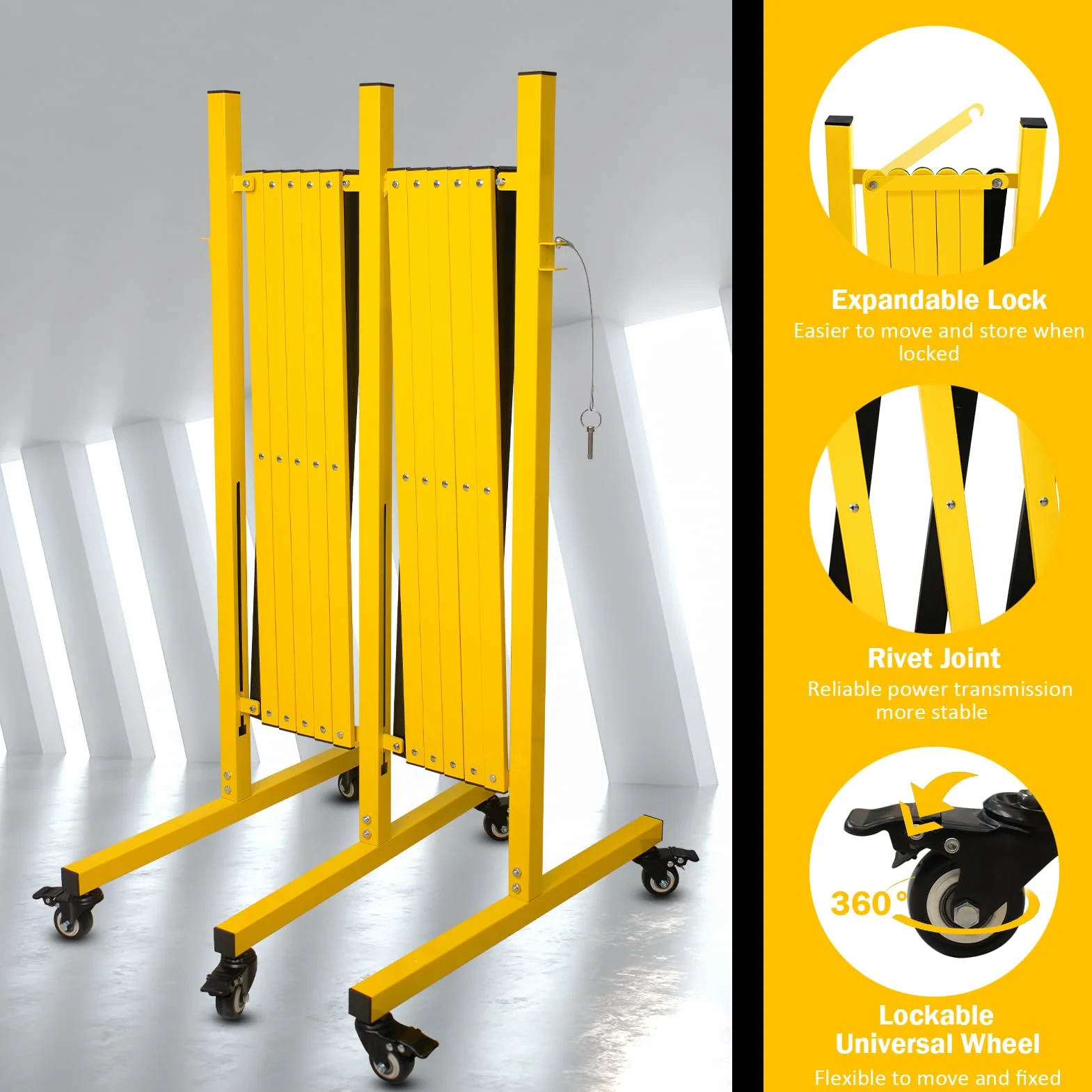Barrera de Seguridad de 5 m, Portátil Barricada de Metal Industrial de 1,05 m de Altura, Valla de Tráfico con Candado y Ruedas Bloqueables, Valla de Tráfico para Control De Multitudes, Amarillo
