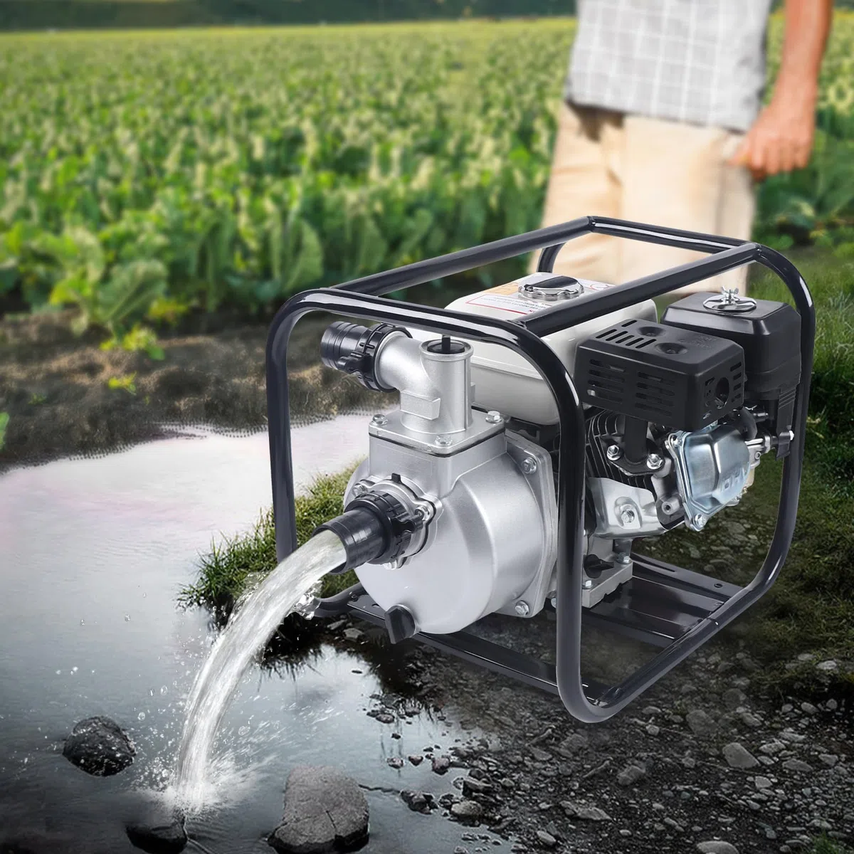 Bomba de agua de gasolina de 4 tiempos, 6,5 CV, 210 cc, bomba de agua sucia con 36 m³/h (60.000 l/h) y altura de extracción de 28 m, conexión de 2 pulgadas, profundidad de aspiración de 7 m para