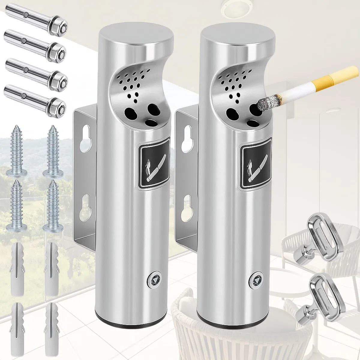 Cenicero de Pared Exterior Redondo de Acero Inoxidable para Restaurantes, Oficinas y Hoteles con Cerradura por Poweka (Plata, 2PCS)