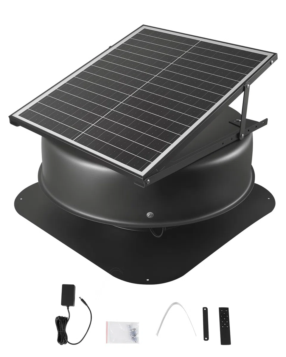 VEVOR Ventilador de Techo para Ático Solar Inteligente de 42 W con Termostato, Control Remoto, Flujo de Aire de 2800 CFM, Motor de CC sin Escobillas Incorporado para Refrigeración, Φ565 x 255 mm