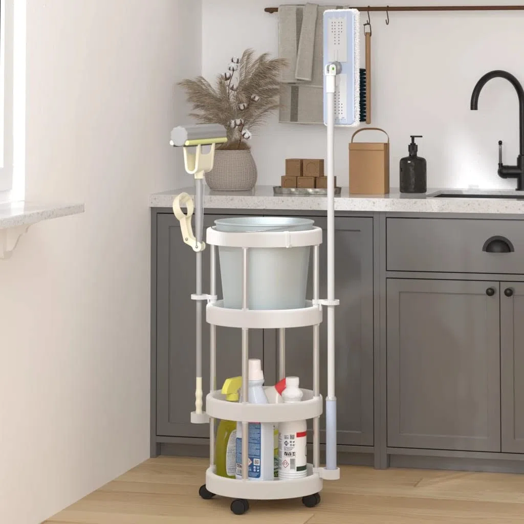 vidaXL Carrito de Limpieza con Cesto de Almacenaje Soportes Accesorios Ruedas Organizar Utensilios Escobas Fregonas en Casa Cocina Aluminio