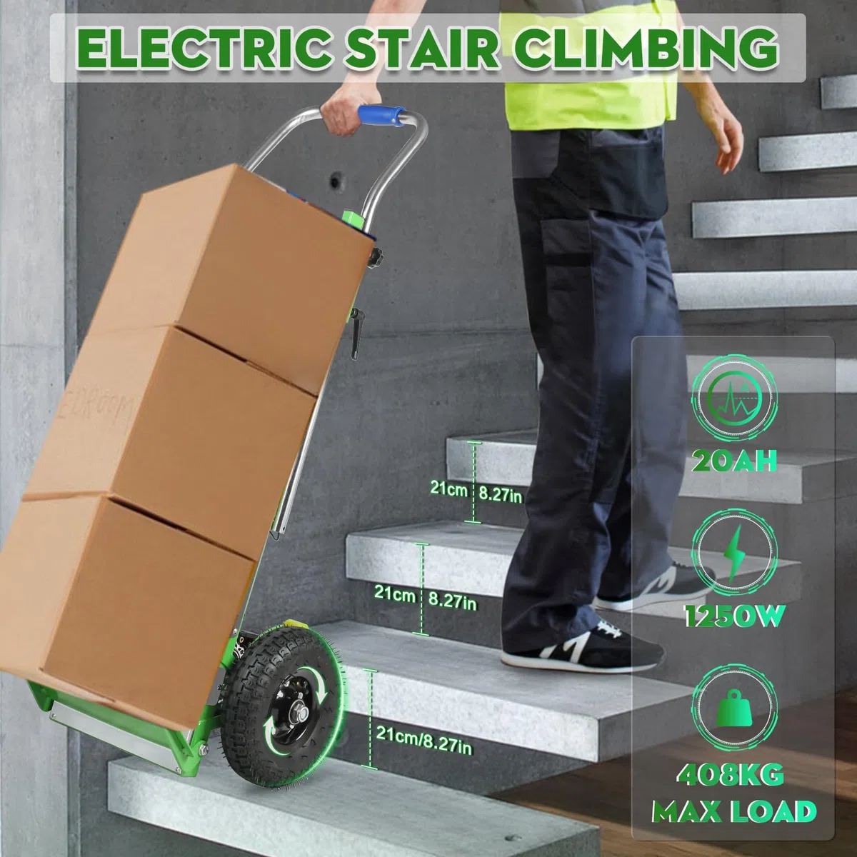 Afitdon - Carretilla eléctrica (1250 W, capacidad de carga de 408 kg, para escaleras y bajadas, con cuerda de seguridad y bomba de aire, color verde