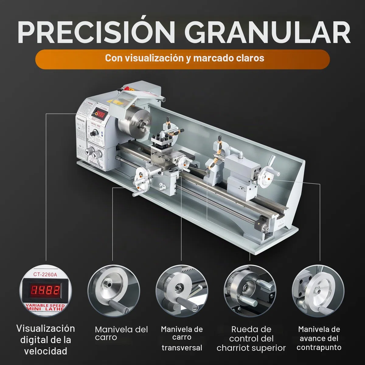 CREWORKS 1100W Mini Torno de Metal de Bancada 220x600mm 9"x24" de Alta Precisión con Portabrocas de 3 Mordazas y Velocidad de Husillo Máx. 3000 RPM Pantalla LCD para Roscado, Torneado, Taladrado