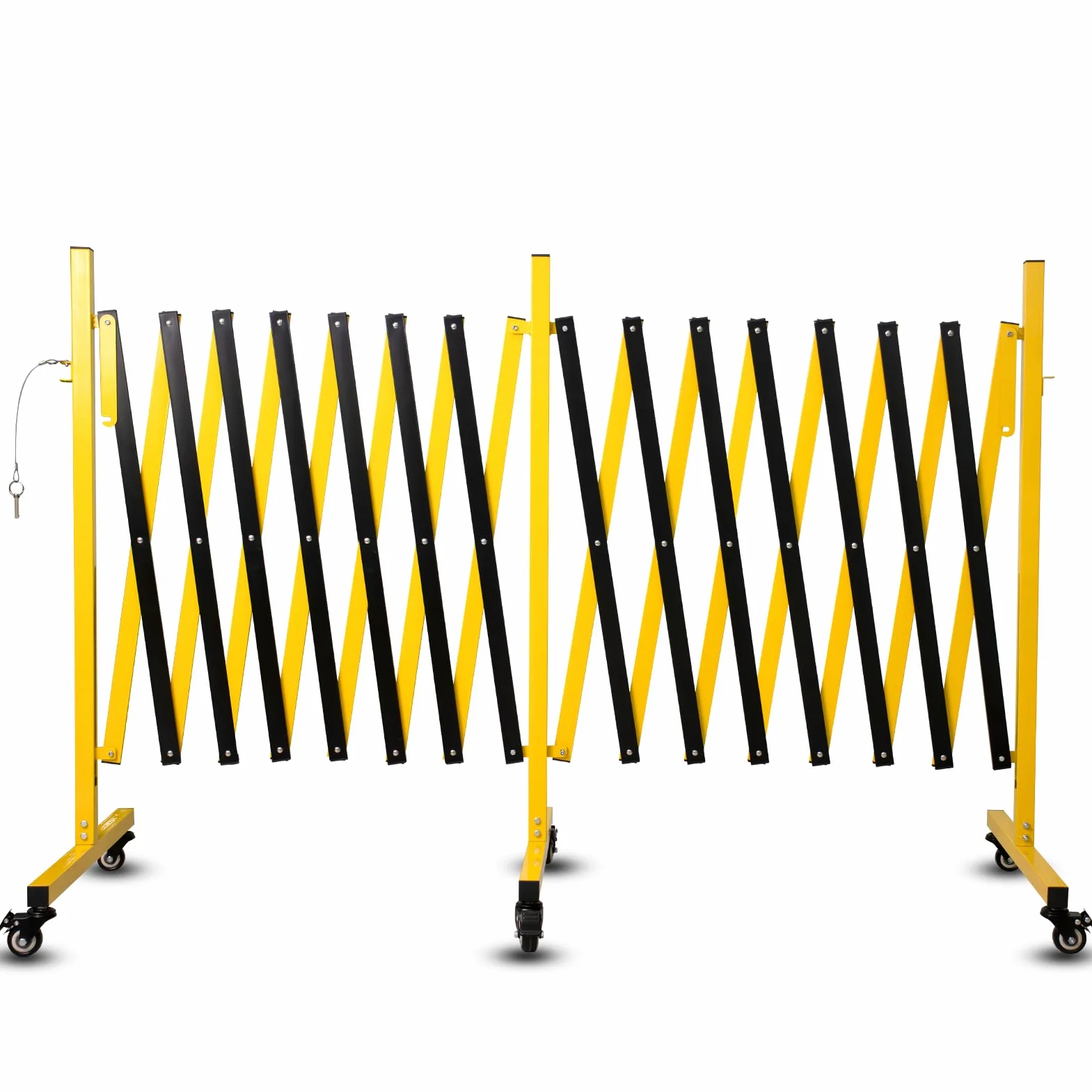 Barrera de Seguridad de 5 m, Portátil Barricada de Metal Industrial de 1,05 m de Altura, Valla de Tráfico con Candado y Ruedas Bloqueables, Valla de Tráfico para Control De Multitudes, Amarillo