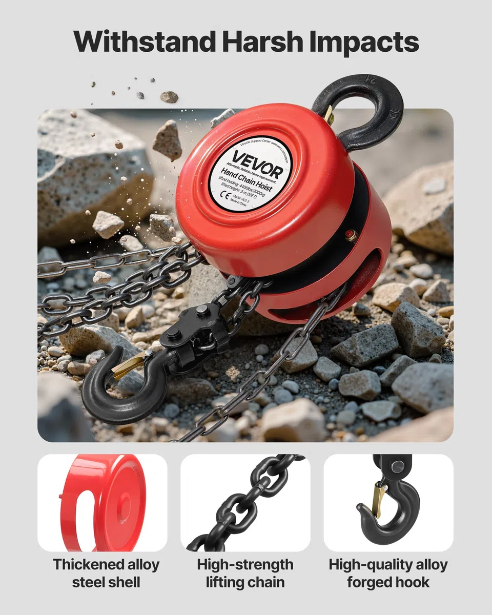 VEVOR Polipasto de cadena manual, Polipasto de Polea Redondo con Cadena Galvanizada G70 Mejorada, Altura de Elevación de 3 m Carga de 2 T para Garaje, Almacén y Maquinaria Automotriz, Rojo