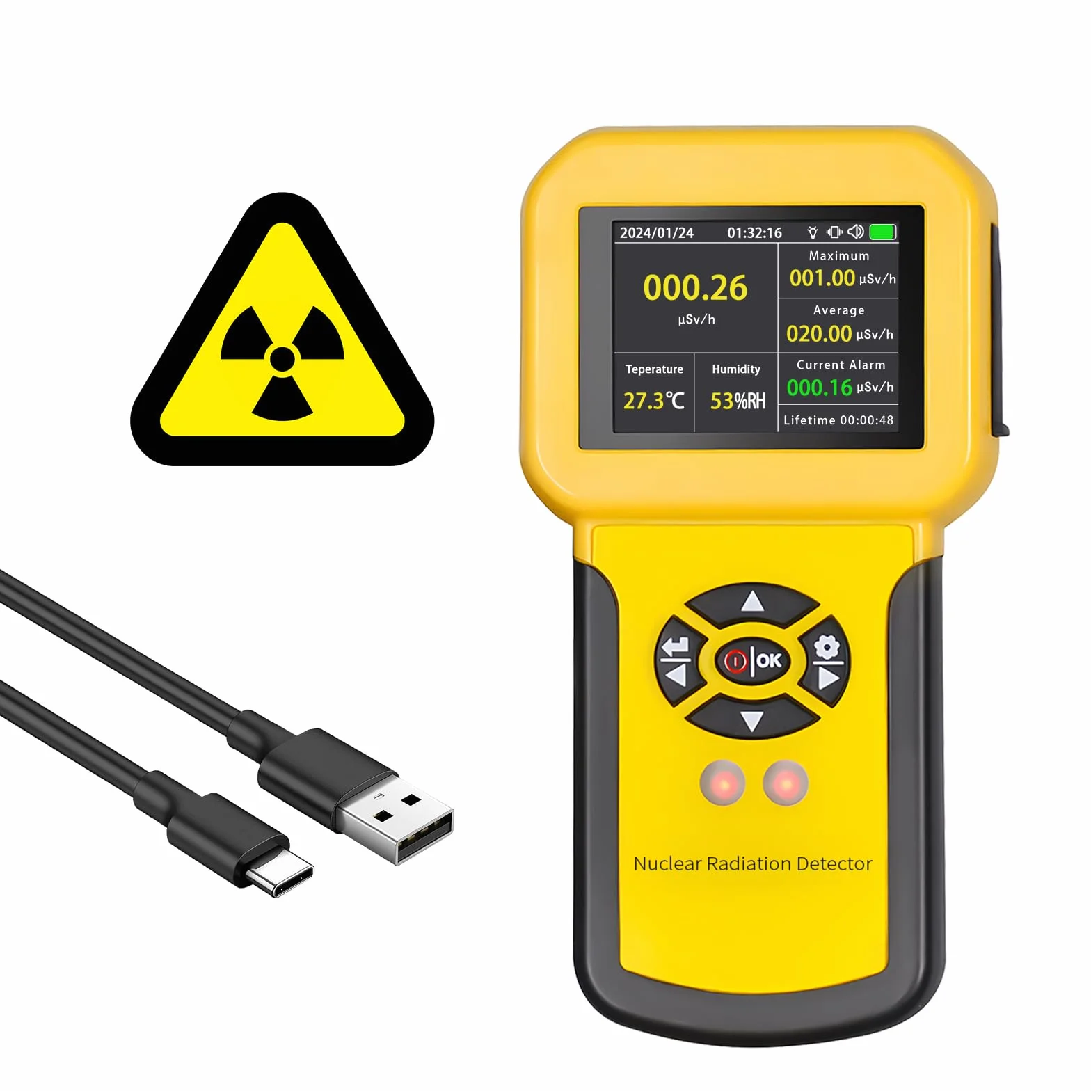 Contador Geiger, Detector de Radiación Nuclear con Pantalla LCD Detector Radioactivo Detecta Beta Gamma Rayos X Nivel CPM c/Alarma, Monitor de Radiación Recargable（Amarillo）