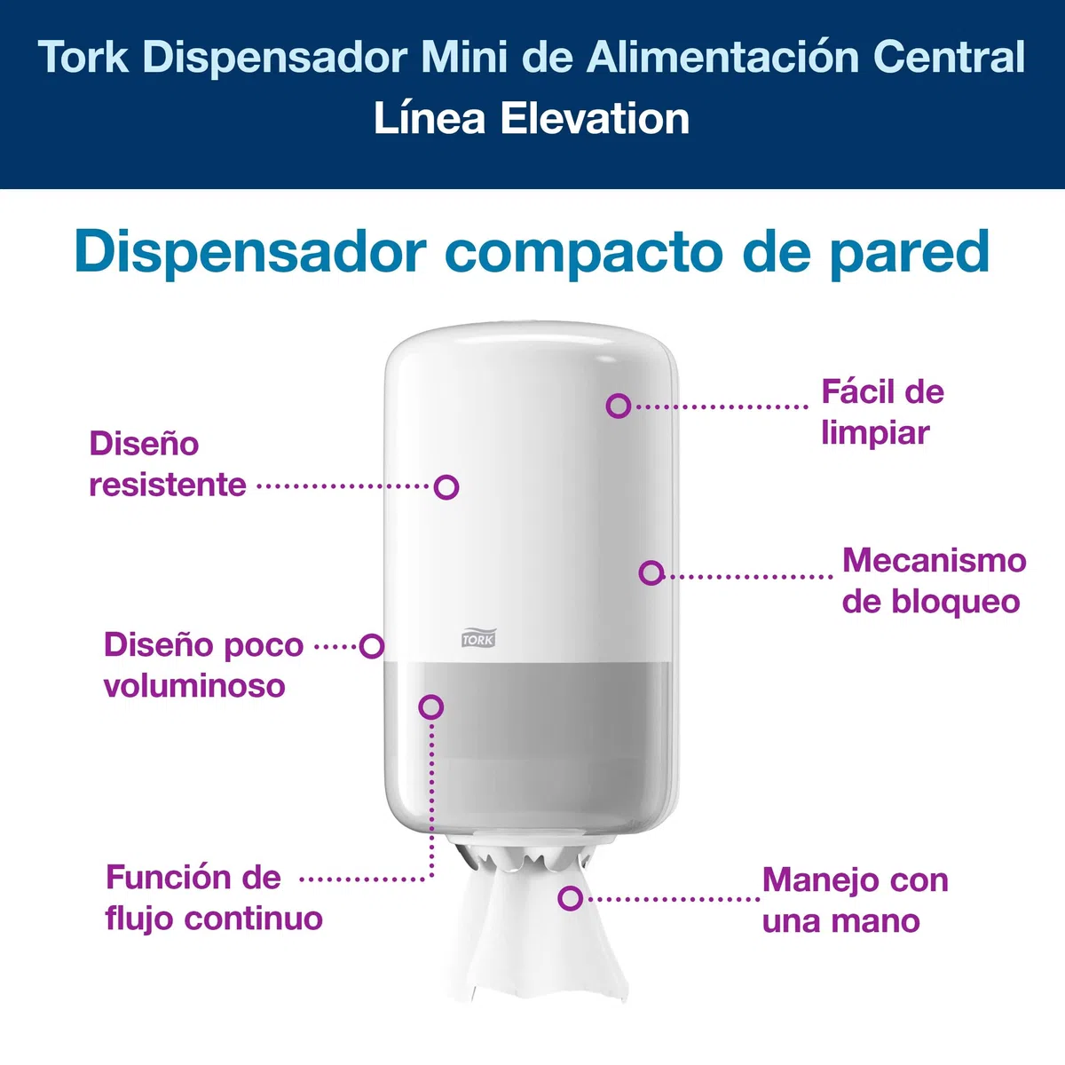 Tork 558000 Dispensador mini de alimentación central Elevation/Soporte de papel mecha compatible con el sistema M1 / Blanco