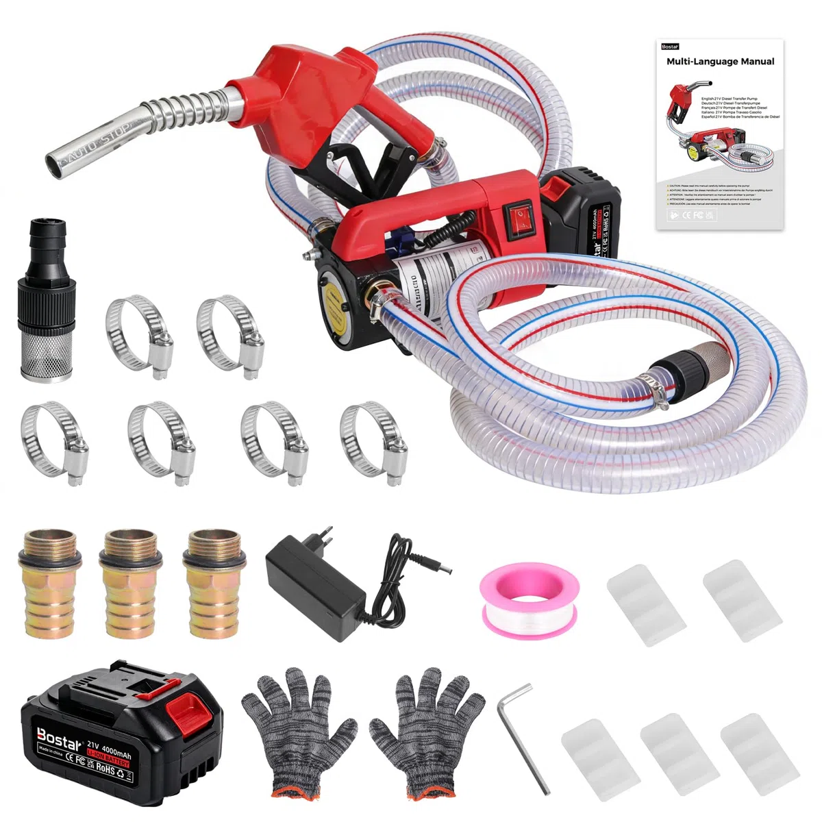 Bostar Bomba de Trasvase Gasoil 21V Agrícola (Compatible Makita), 45L/min Kit con Pistola Automática y 5 Paletas de Repuesto, Auto-Aspirante 5m / Elevación 10m, para Tractor y Calefacción
