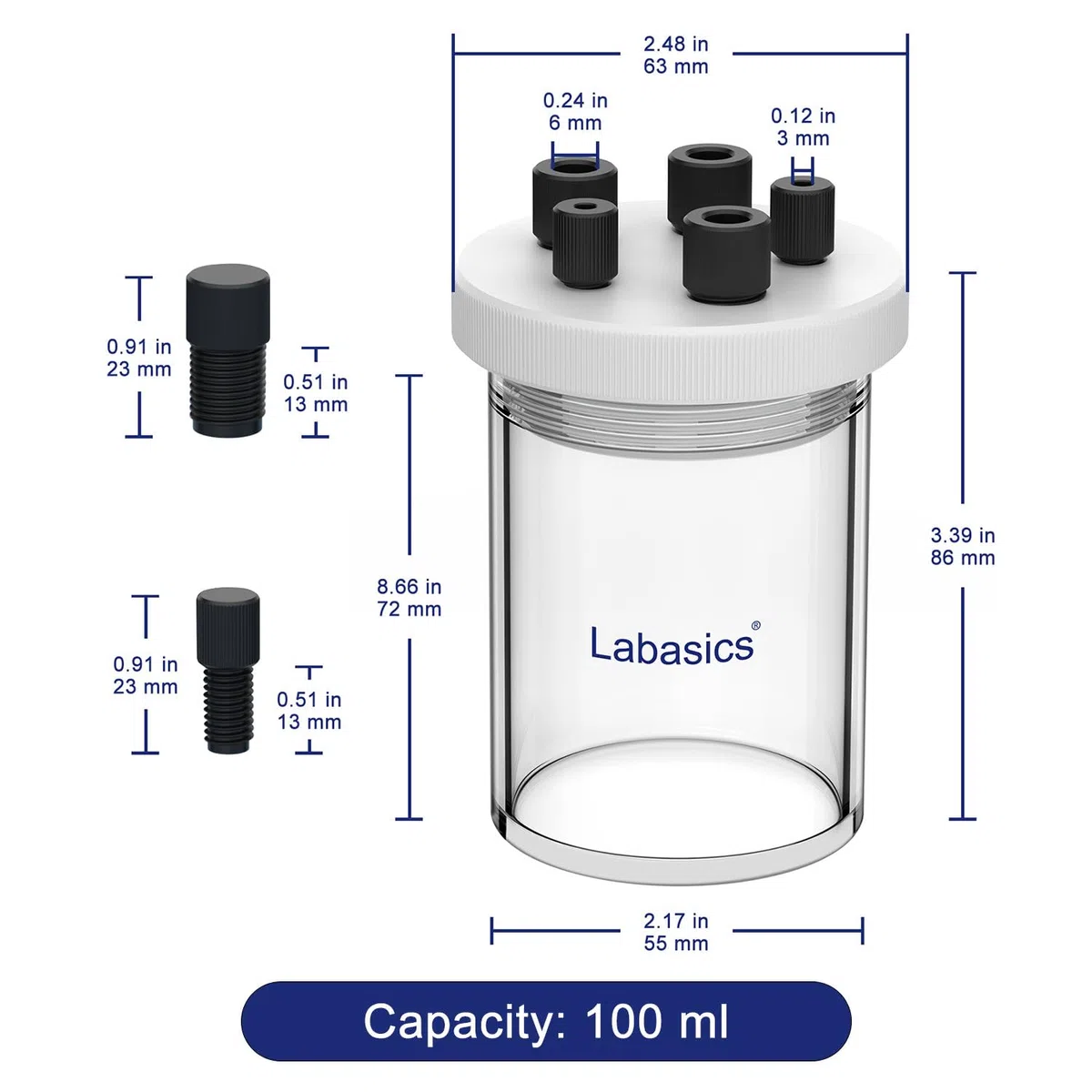 Labasics Celda Electrolítica, Celda Electroquímica Sellada de Borosilicato de Cámara Única con Kit de Reactor Electrolizador Y Tapa de PTFE de 5 Orificios, 100 ml