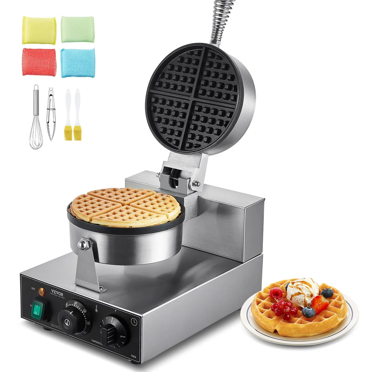 VEVOR Máquina para Hacer Gofres Comerciales, 1230 W, Acero Inoxidable Antiadherente con Control de Temperatura y Tiempo, Asa, para Restaurantes, Panaderías, Bares y Familias, 250 x 465 x 280 mm