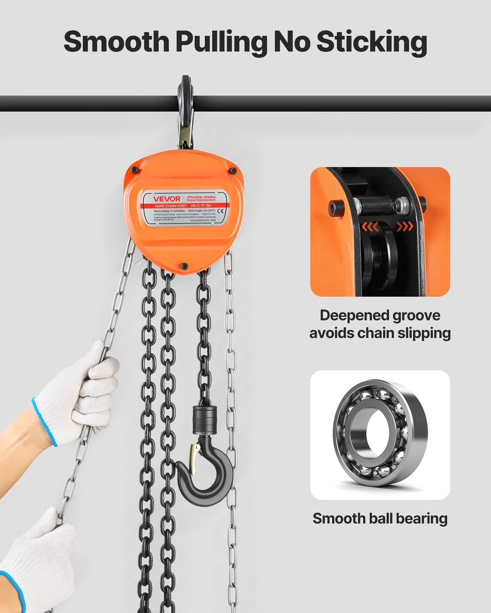 VEVOR Polipasto de Cadena Manual, Polipasto de Polea Resistente con Cadena Galvanizada G80 Mejorada, Altura de Elevación de 3 m Carga de 1 T para Garaje, Almacén y Maquinaria Automotriz, Naranja