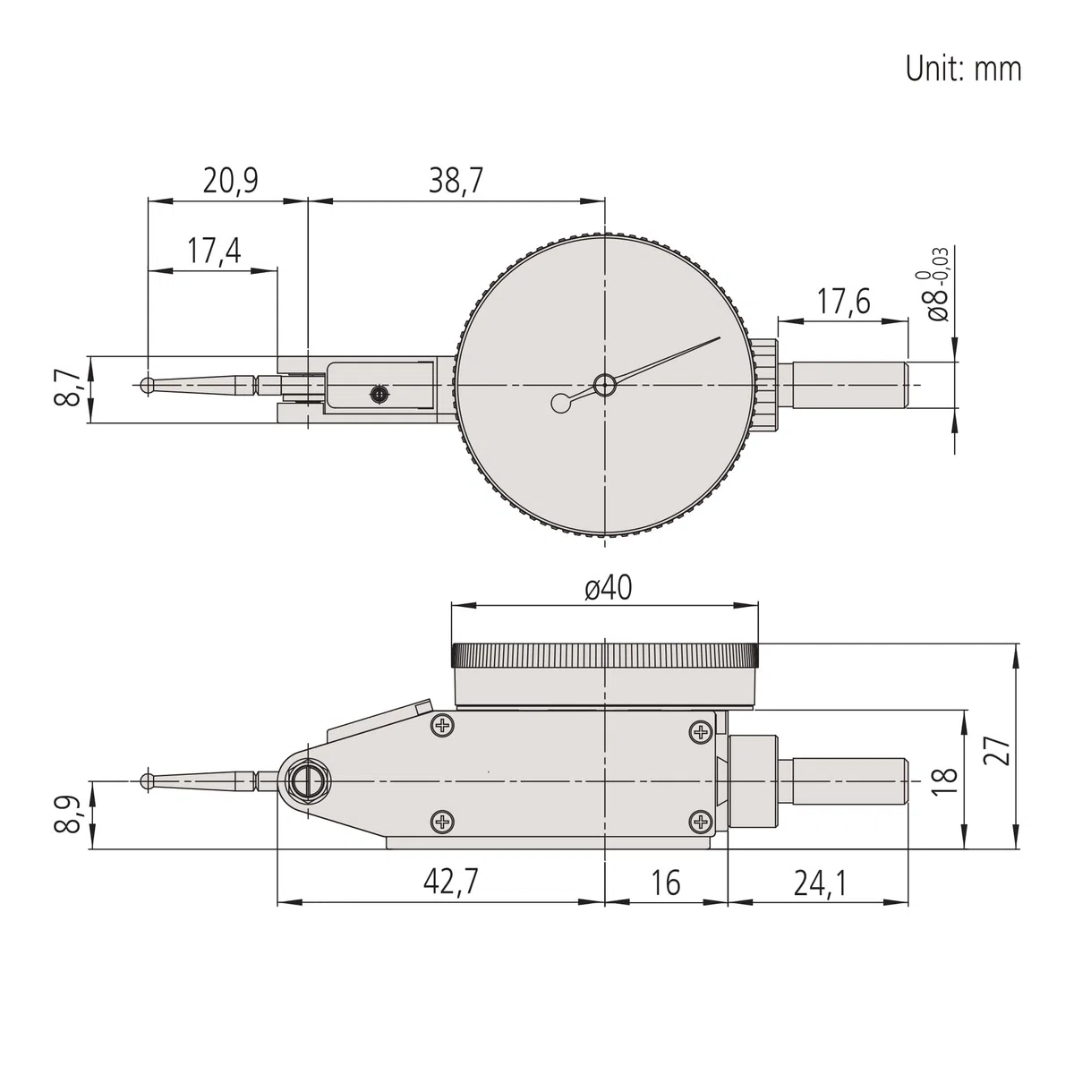 Mitutoyo 513-404-10T - Indicador de prueba de dial horizontal (4/8 mm)
