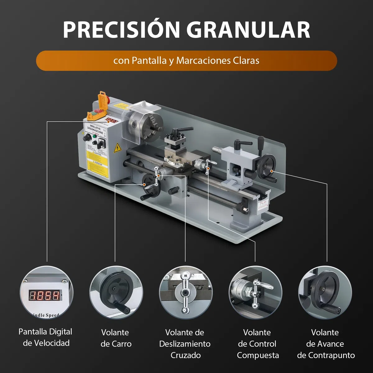 CREWORKS Torno de Metal 180X350MM 550W con Mandril de 3 Mordazas Torno para Metal de Sobremesa con Velocidad 2500 rpm Torno de Metal para Torneado de Metales