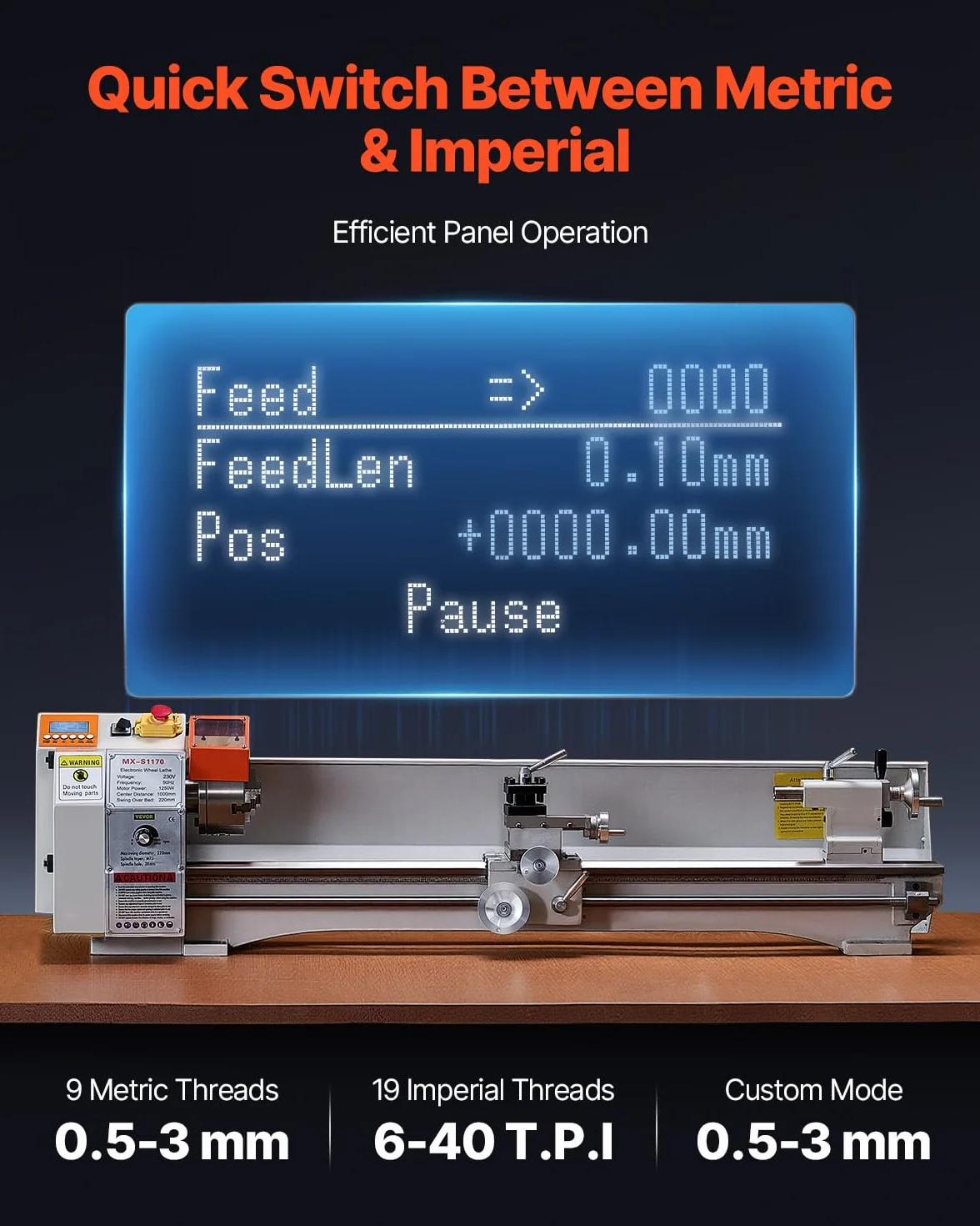 VEVOR Torno de Metal, 220 x 1000 mm Velocidad Variable 2500 RPM, 1250 W Torno de Banco con Alimentación Automática, Sistema de Roscado Electrónico, para Mecanizar Metales Blandos, Plástico
