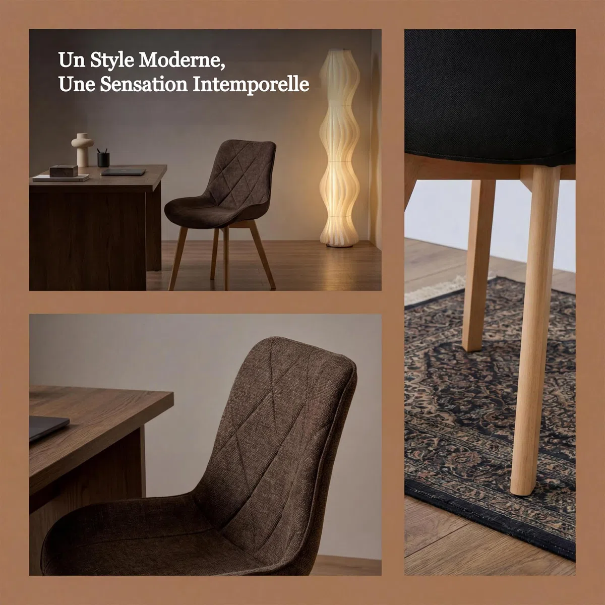 Juego de 4 Sillas de Comedor Tapizadas de Lino con Patas de Madera Maciza, Color Marrón